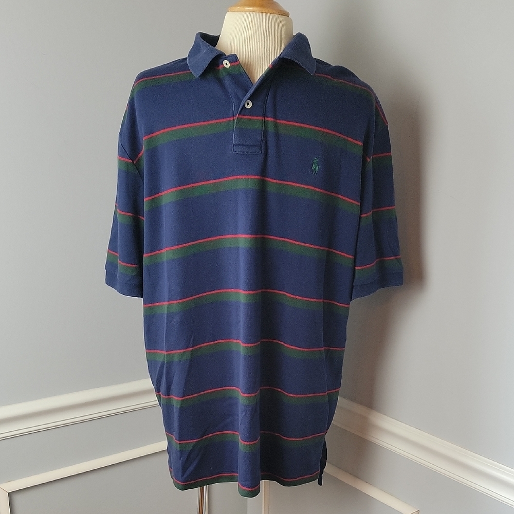 POLO RALPH LAUREN Navy Blue Green Striped Short Sleeve Casual Preppy Polo Shirt